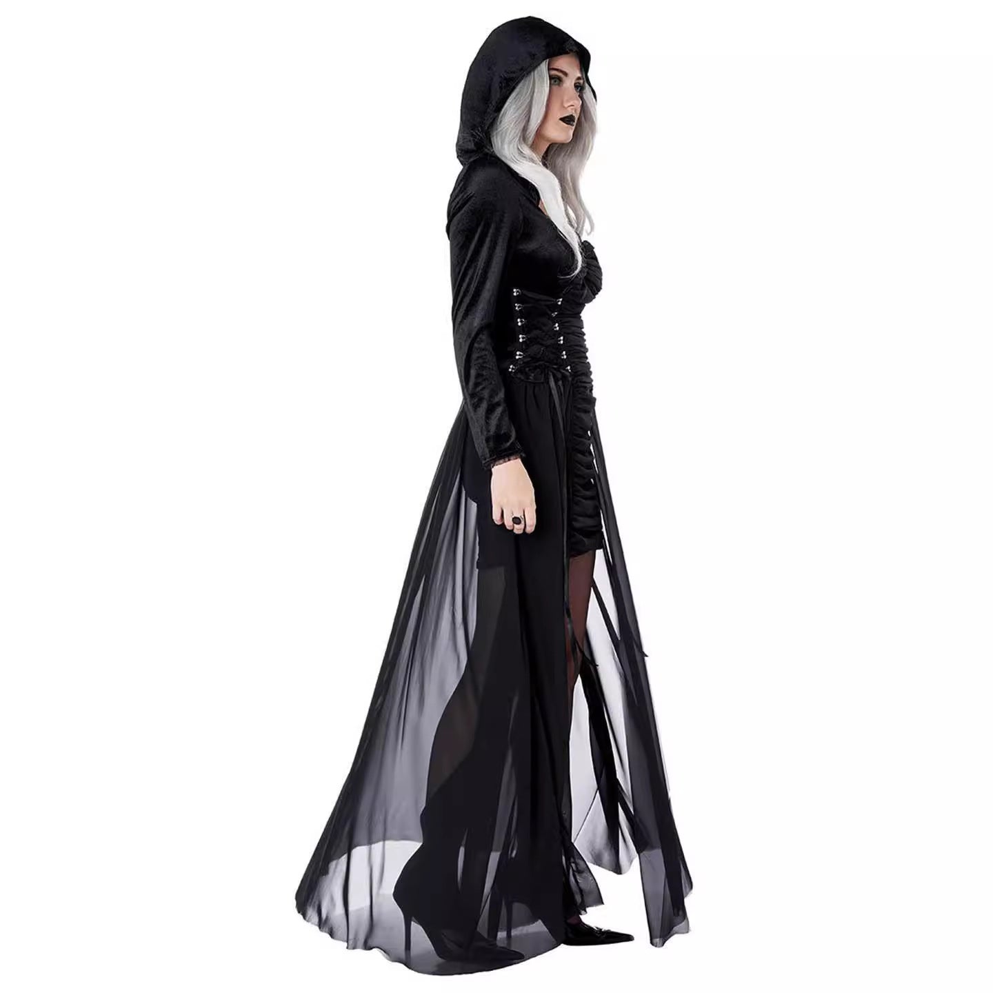 Halloween Black Zombie Hell Bride Dark Vampire Beaded Love Revival Festival Costume Set