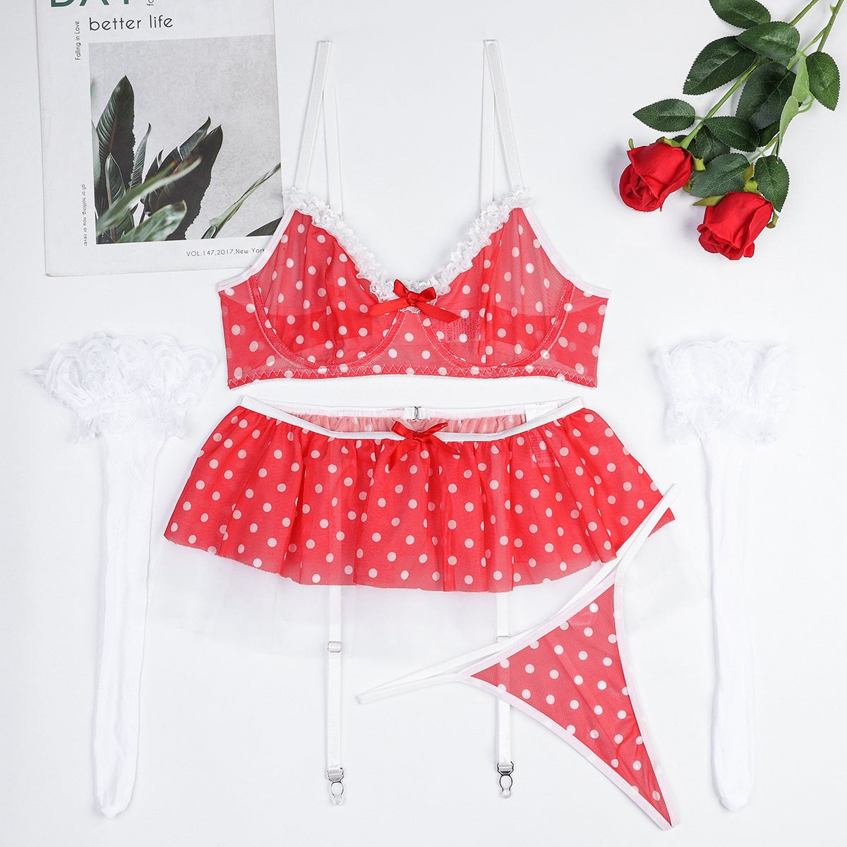 Red and White Polka Dot Color Block Net Fabric Cute Fluffy Mesh Skirt Sweet Festival Lingerie Three or Four Piece Set