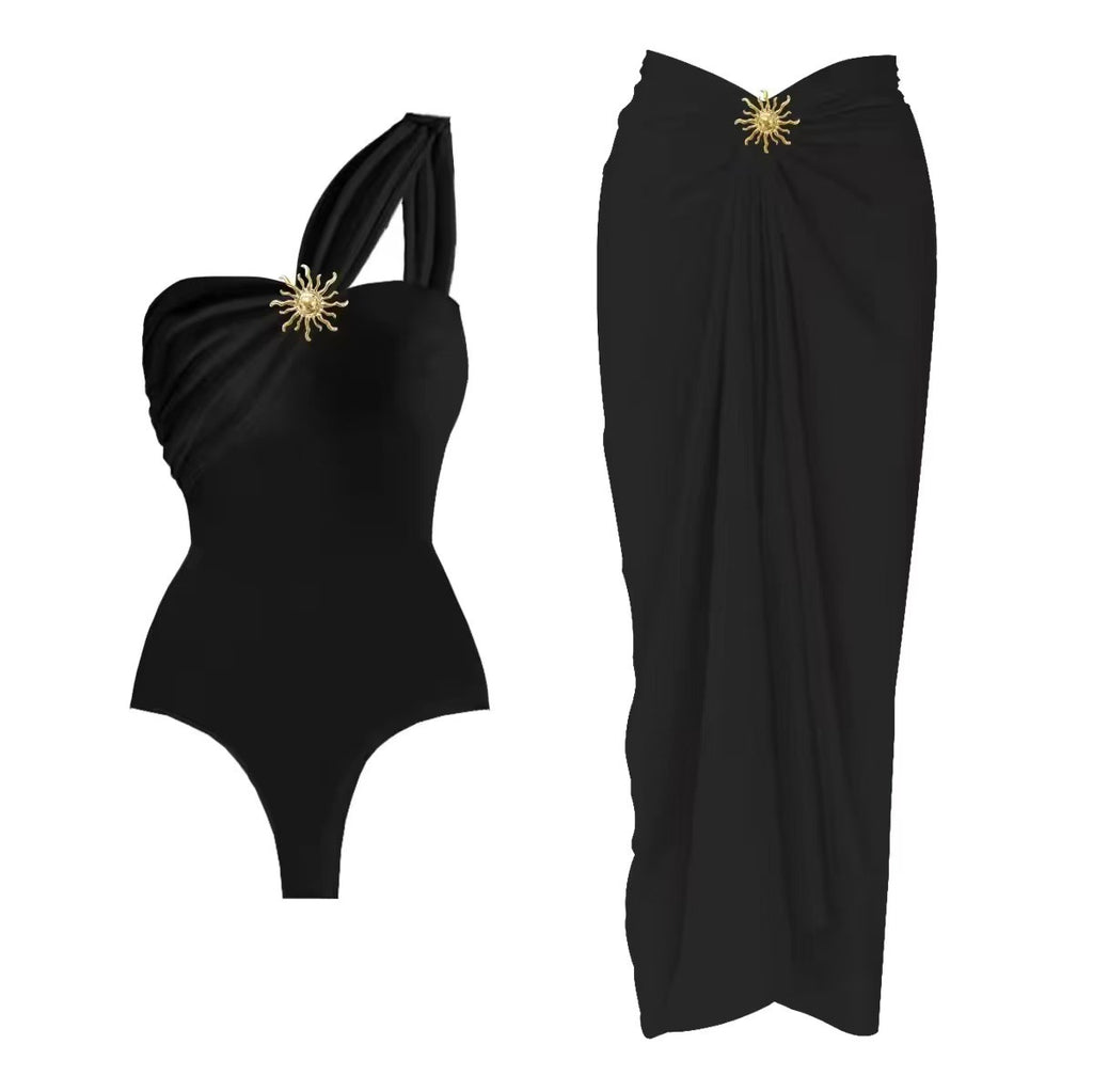 Solid color single shoulder swimsuit for women