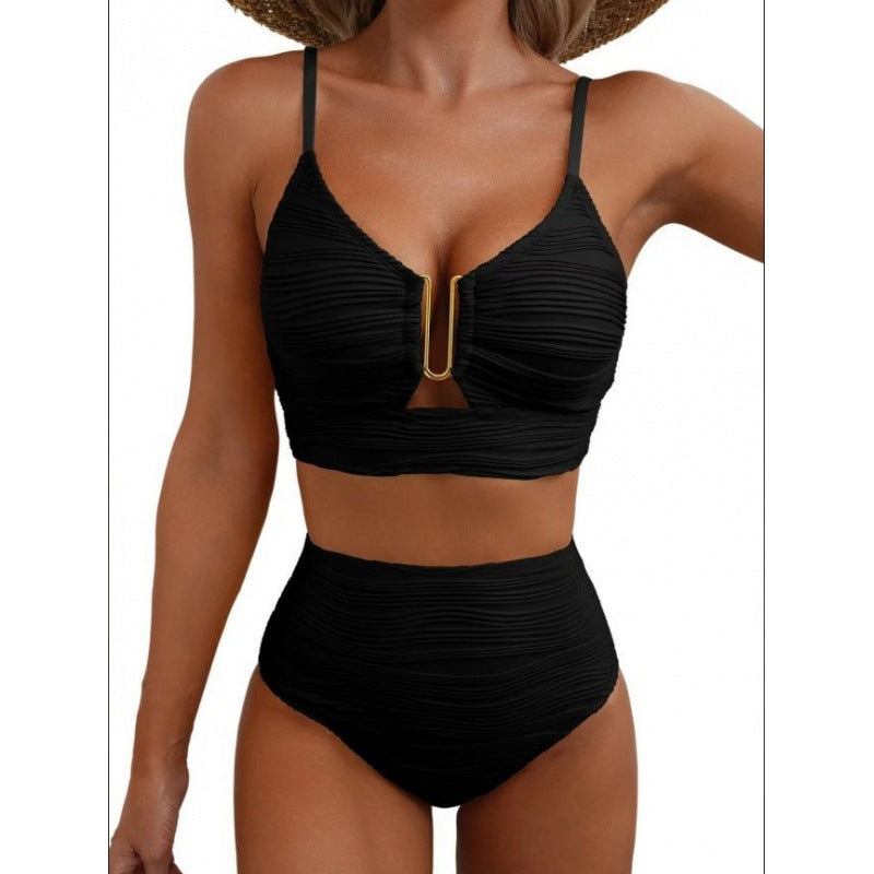 Split bikini metal buckle solid color gathered high waisted swimsuit