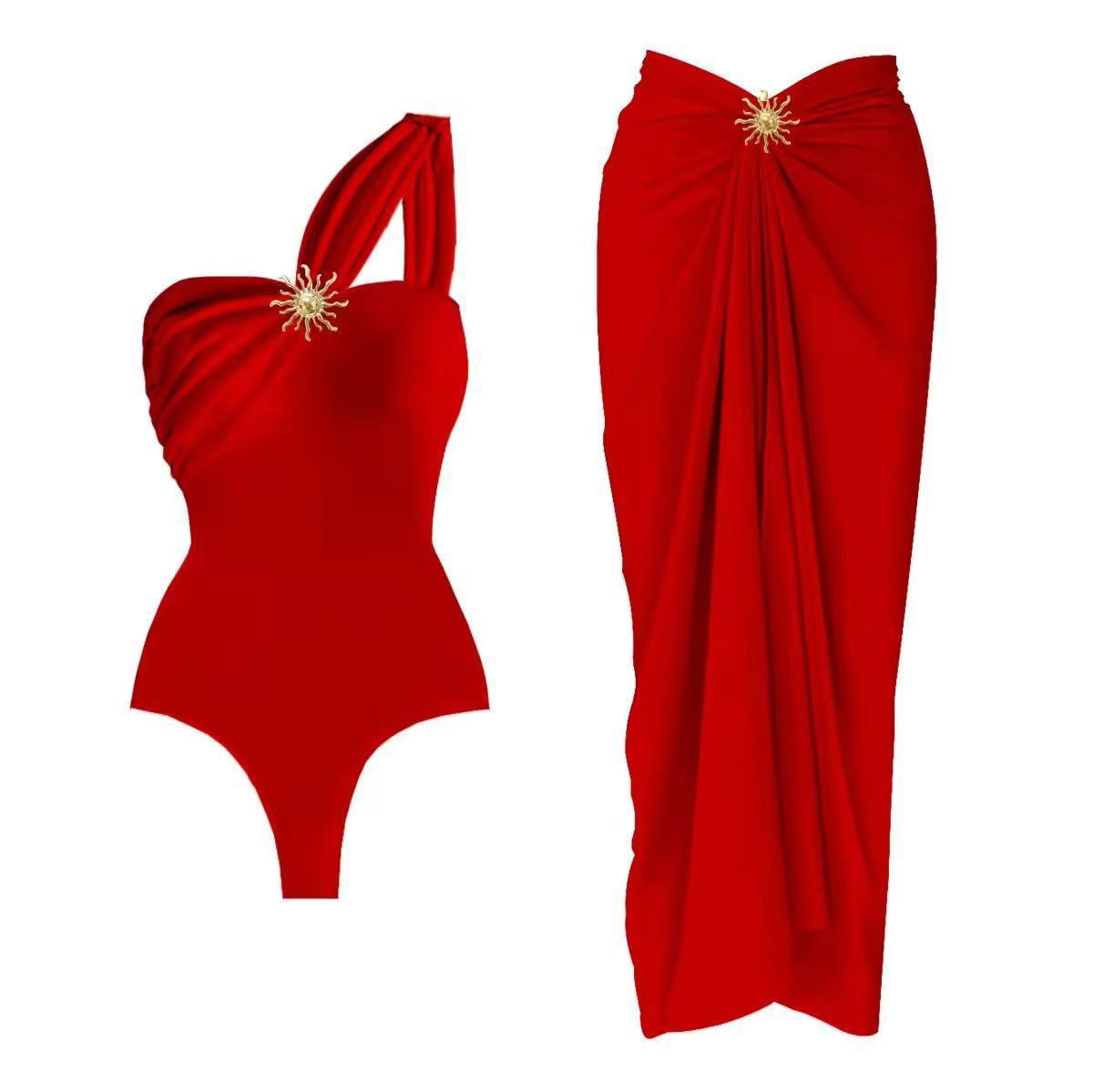 Solid color single shoulder swimsuit for women